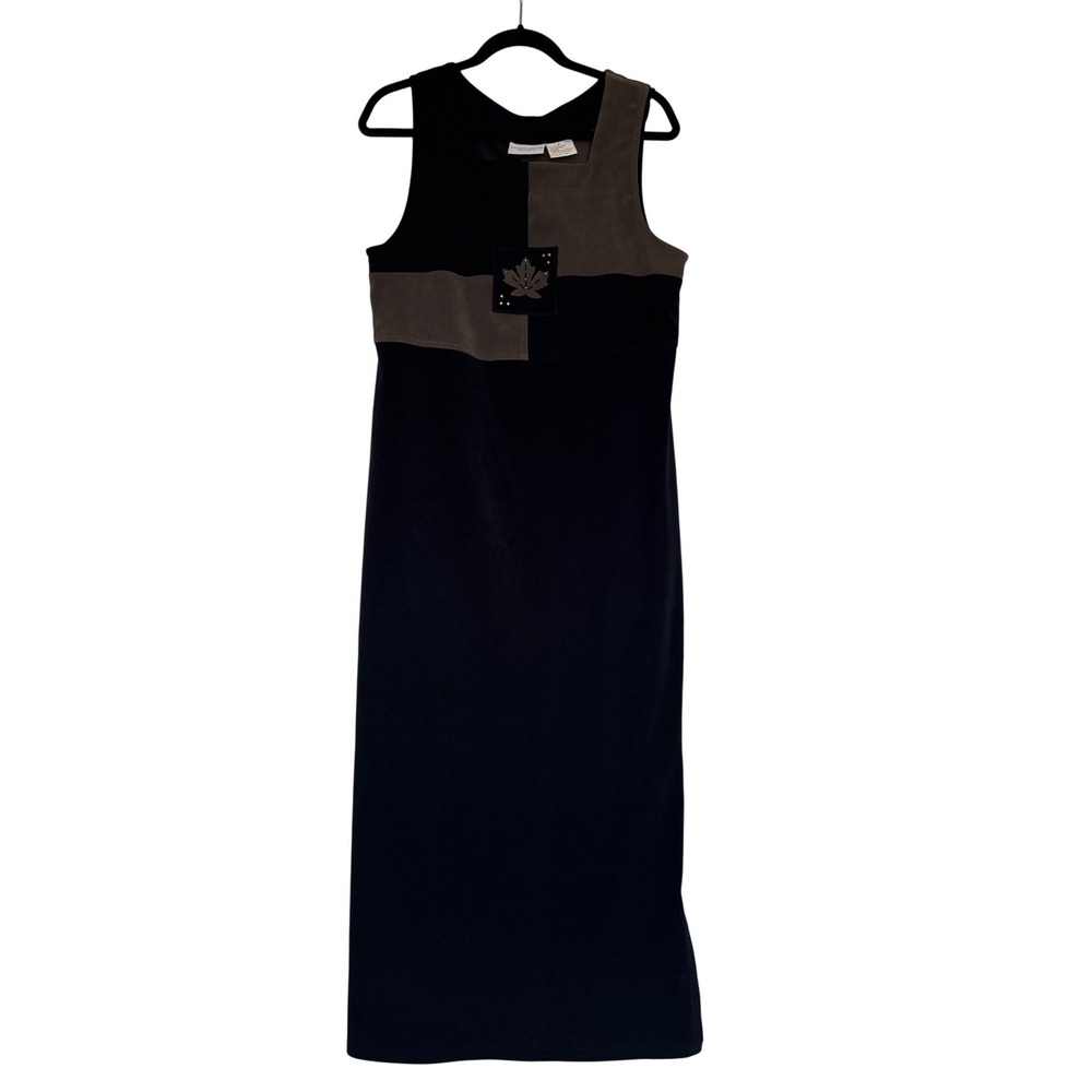 Vintage 90's Colorblock Maxi Dress Black Olive Green Faux Suede Leaf Studded 8